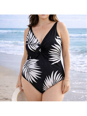 Kona Sol Swimwear Size XL Black & White Palm Print One-Piece